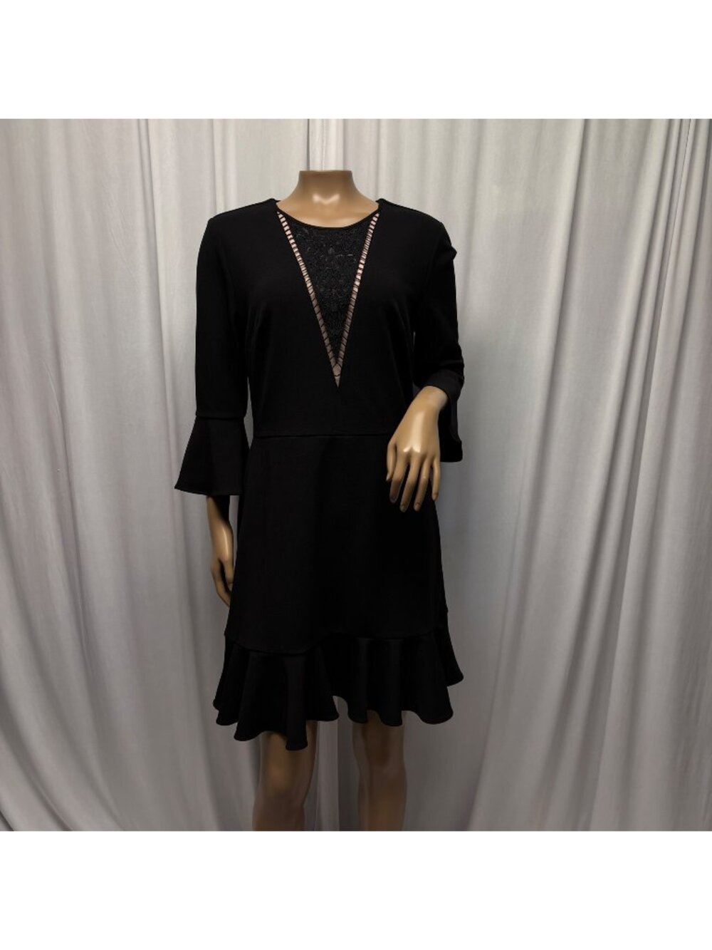 Ivanka Trump Black Bell Sleeve Ruffle Hem Dress Lace Womens Size 8 Elegant